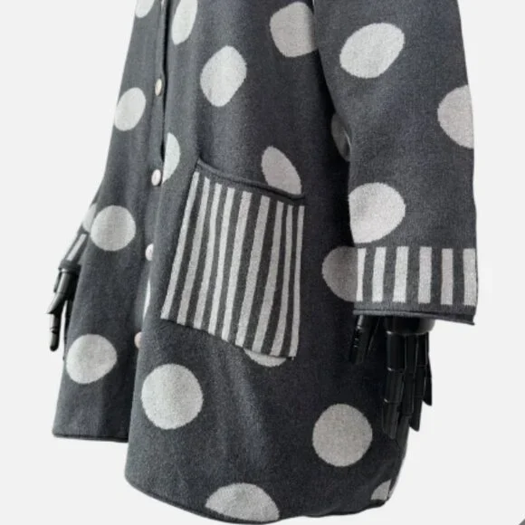 Gudrun Sjoden Long Cardigan Gray White Button Polka Dot - Picture 3 of 3